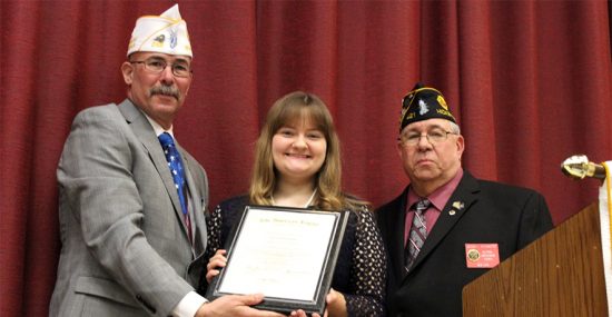 Oratorical Champion Melissa Barnosky, center, with Department Commander Gary Schacher and Oratorical Chairman Anthony Paternostro.